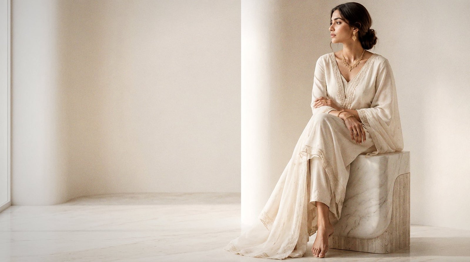 A woman in a cream ensemble wearing a gold necklace and earrings, seated on a marble plinth in a sunlit ivory interior at MS Jewellers