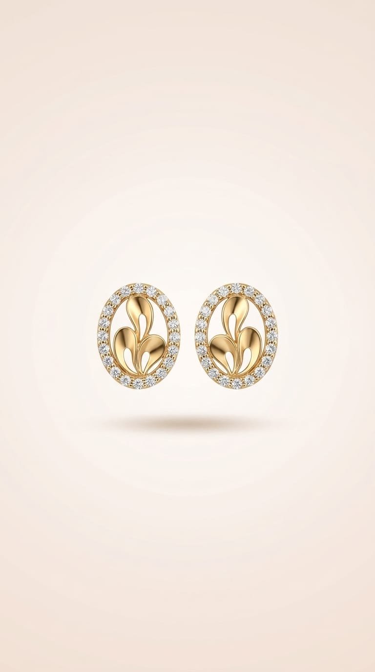 Front view of gold stud earrings with a diamond halo around a leaf motif