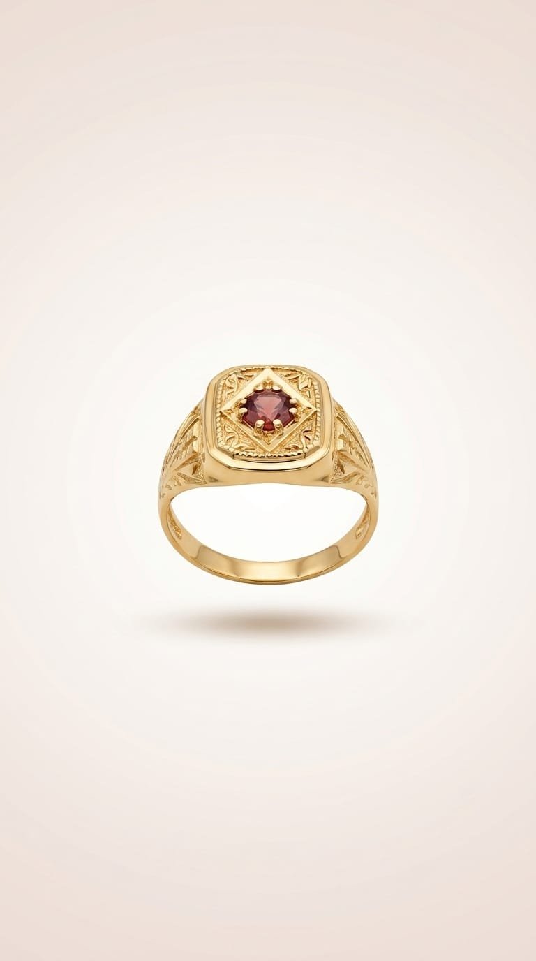 Front view of the men's garnet signet ring on an ivory background