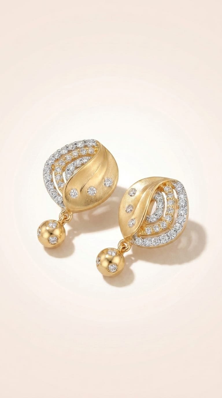 Close-up of gold earrings with curved rows of pavé diamonds and bead drops