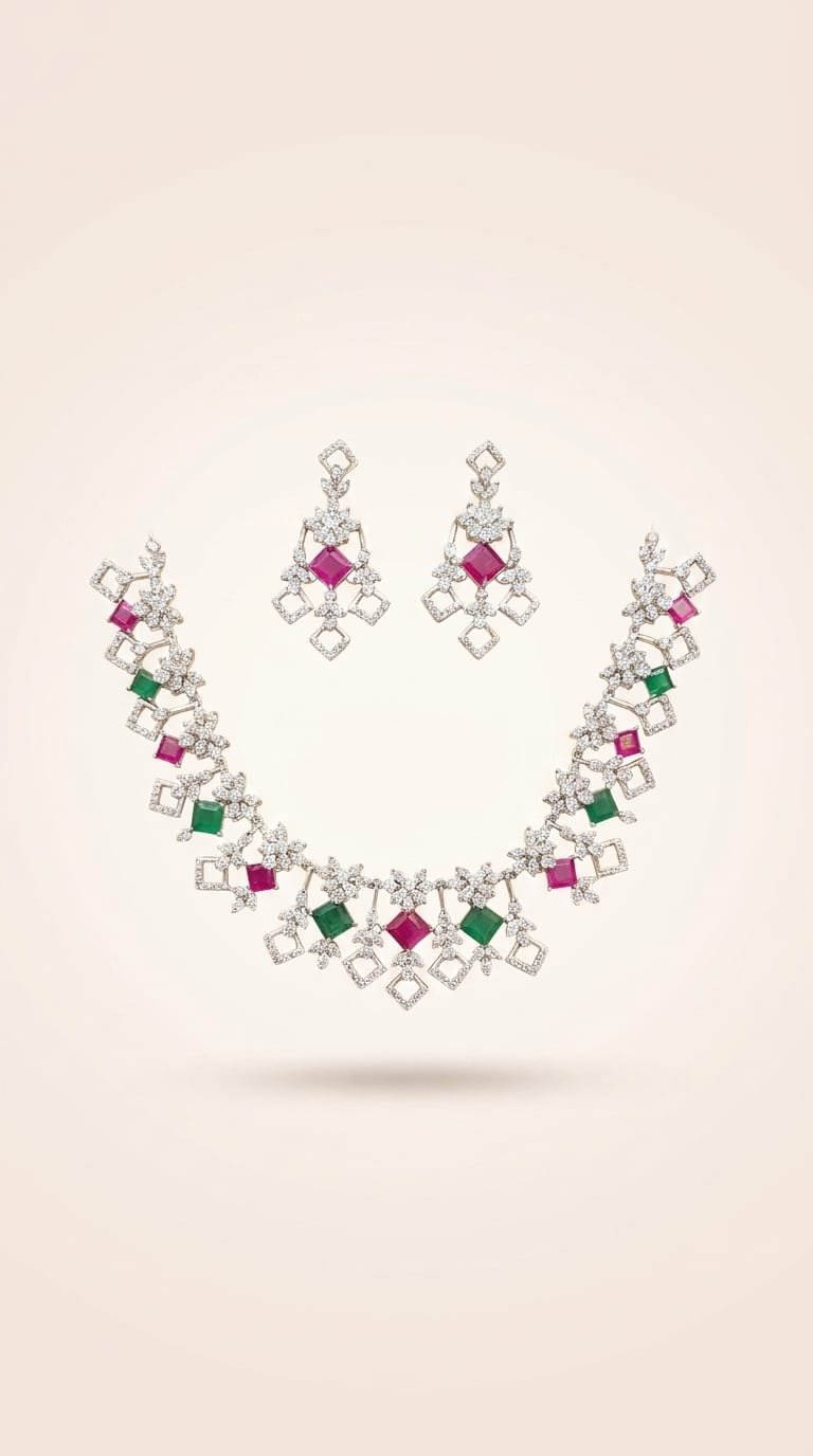 Necklace and earring set with ruby, emerald and white stones on an ivory background