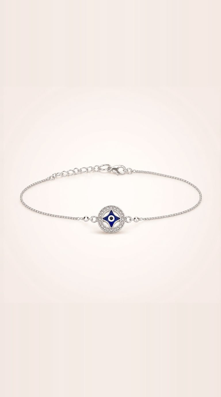Sterling silver chain rakhi with a blue enamel nazar star medallion ringed in white stones